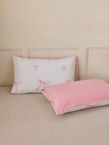 2件装白色和粉色丝带蝴蝶结图案枕套，装饰枕套，超柔软透气，无填充物，可机洗，甜美少女风格，适合卧室使用 - 粉色 - 查看 2