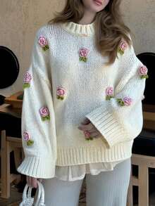 Just Masa Damen Winter Neue Lässige Weiße Locker Bestickte Blumen Alltagskleidung Süßer Rundhals Langarm Strickpullover, Weiß - Weiss - Übersicht 4