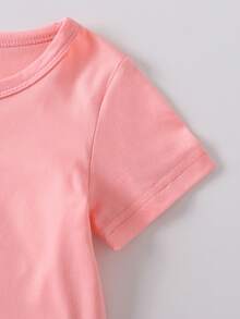 女婴时尚卡通女孩团体印花短袖上衣和星星印花裤子套装，春夏款 - 粉色 - 查看 7