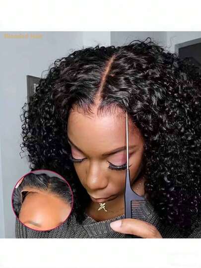 深卷高清200%密度蕾丝前额假发，无需胶水，13x4真人发蕾丝闭合假发 - Jerry Curly 预熨烫、预剪裁、预拉直，原生人发混纺蕾丝前额假发，带婴儿发，无需胶水，无需技巧，适合女性日常佩戴，混纺发假发，无需胶水，不易打结，佩戴即自然，黑色