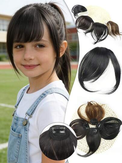 Kids Clip-On Bangs And Sideburns Set - Fun Decorative Bangs For Cosplay, Dark Brown Christmas Party Girl Hair Accessories (Soft, Easy To Wear)