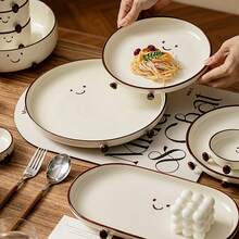Cabin Kangaroo 1件/2件套可爱笑脸脚陶瓷碗碟套装，高档奶油色餐具，家用，手工釉下彩绘可可豆图案，单人份网红风饭碗和汤碗，乔迁新居礼物 - 彩色 - 查看 5
