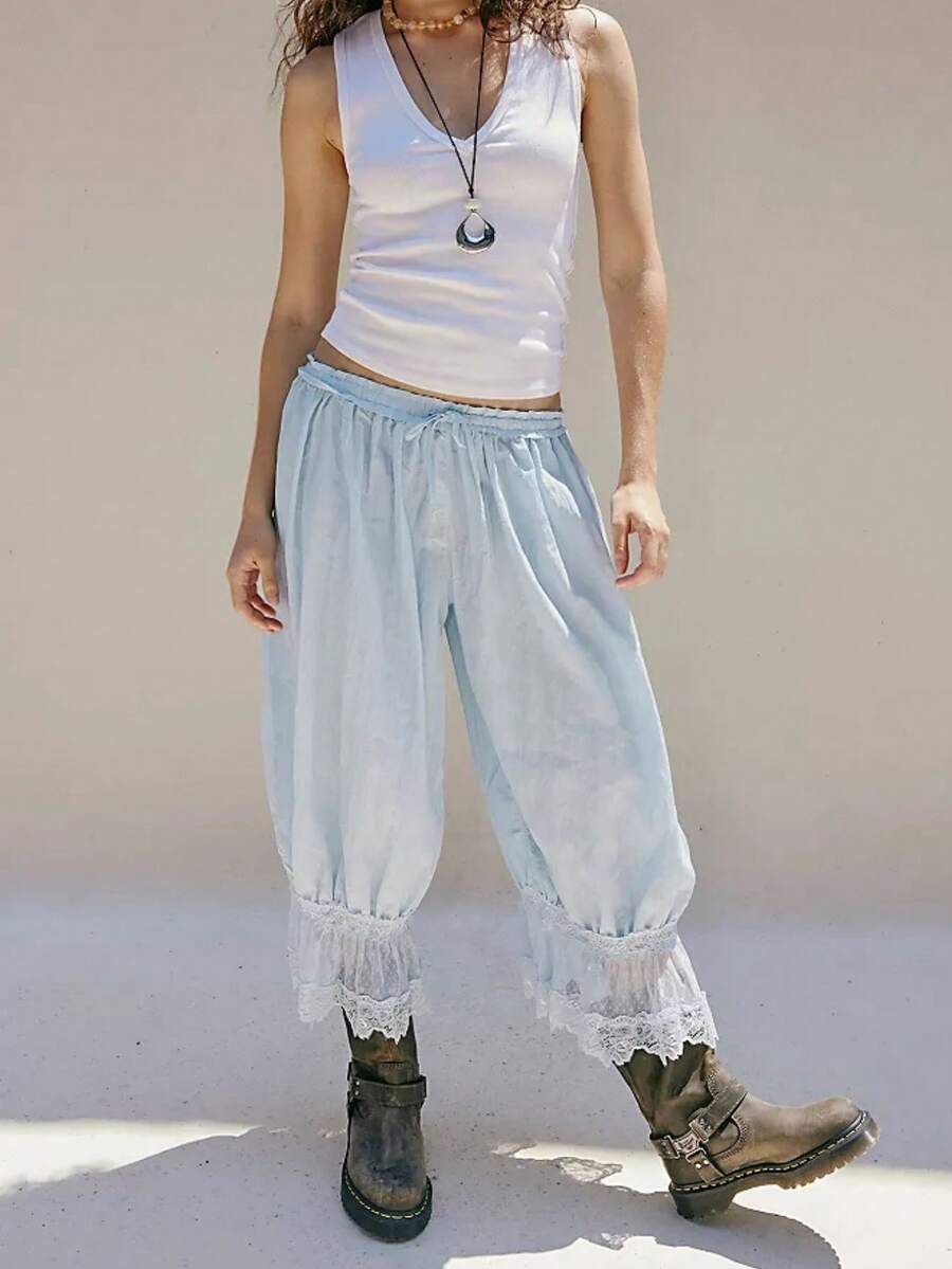 Women Y2K Half Slip Under Dress Pettipants Mid Rise Lace Patchwork Bloomers Trousers Ruffle Pantaloons Cropped Flared Pants Cute Pumpkin Long Pants - Màu xanh nhạt - Xem 1