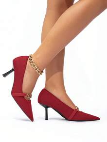 Damen modische einfarbige Spitzschuh Stiletto High Heel Schuhe, Ketten-Dekor Stoff Pumps für Pendeln und Dates, ganzjährig - Rot - Übersicht 4