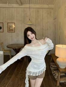 两件套女士性感蕾丝吊带背心及休闲套装，适合早春穿着 - 杏色 - 查看 7
