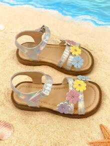 1双儿童夏季凉鞋，饰有可爱花朵，露趾设计，配有方便的魔术贴绑带，轻便透气，适合户外活动 - 銀色 - 查看 7