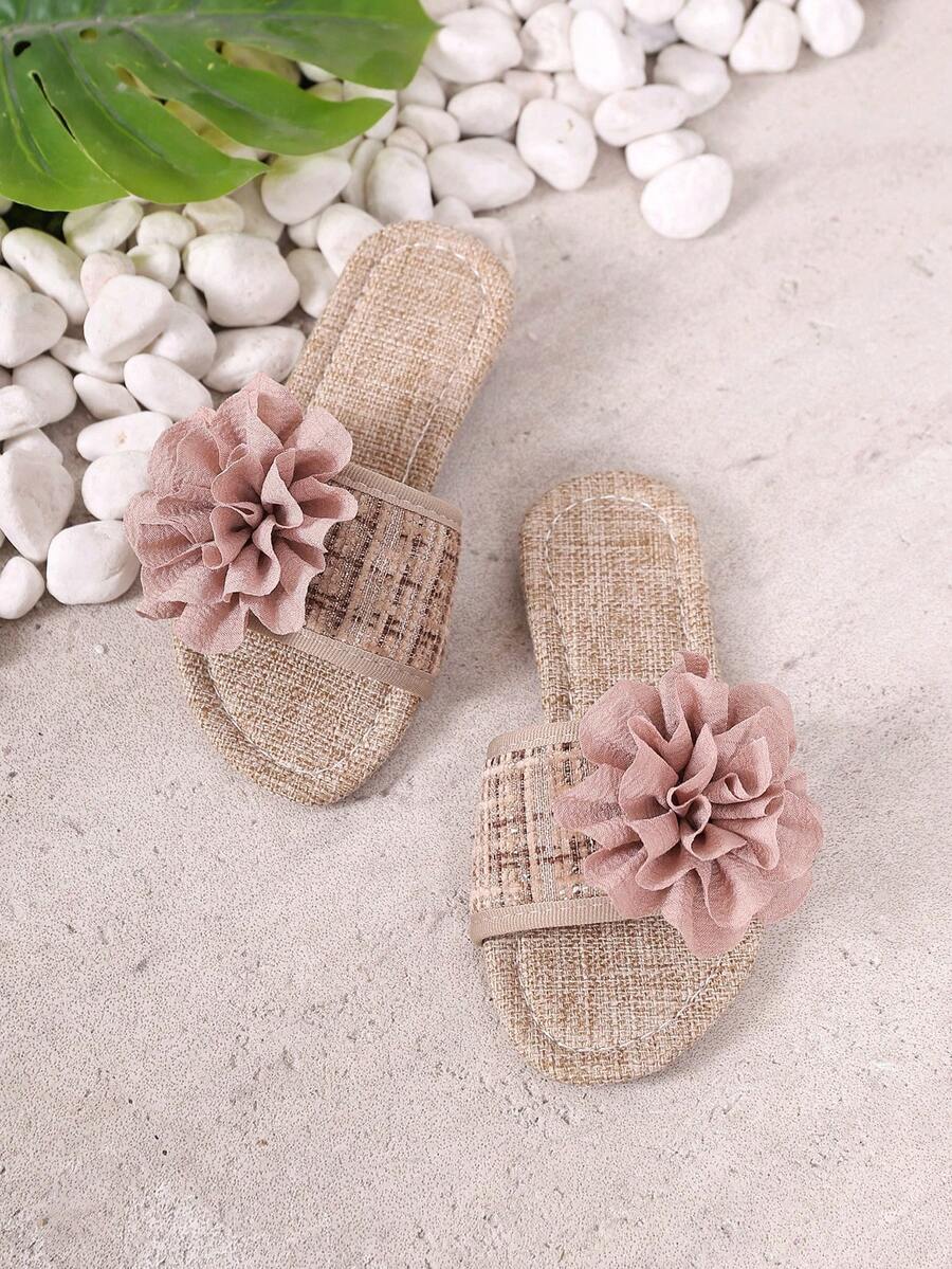1 Pair Children's Summer Grass Woven Floral Slide Sandals, Flat Strap Beach Casual Vacation Slippers - Dusty Pink - View 1