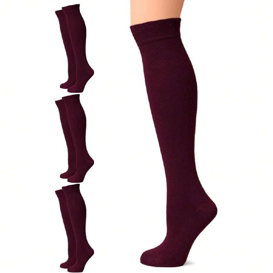 Women's Cotton Knee High Socks, Long Tube Dress Socks | Soft, Lightweight & Stretchy | Shoe Size: 5-8/8-11, 3 Pairs,36065492 - 酒紅色 - 查看 1