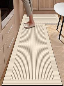 【热销！】1 件装软橡胶厨房地垫，3.5 毫米厚，米色条纹拼接奢华简约风格吸水厨房地垫地毯，可自行裁剪以适应厨房尺寸，表面织物材质，中间海绵层，底部橡胶层，适用于厨房地毯、厨房装饰、婚礼装饰、家居装饰、浴室地垫、玄关地垫、洗衣房地垫、走廊地毯、客厅地垫等。