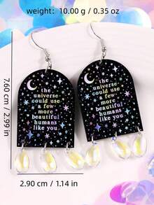一对时尚、可爱、优雅、色彩缤纷的水滴形亚克力吊坠耳环，饰有英文标语，适合女性日常佩戴和返校装扮 - 彩色 - 查看 6