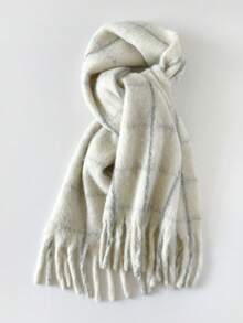 1 Stück Damen Winter Wollmischung Große & Dicke Überwurf Oversize Warmer Decken-Schal, Flauschiger Langer Schal mit Gittermuster und Quasten in kräftiger Farbe