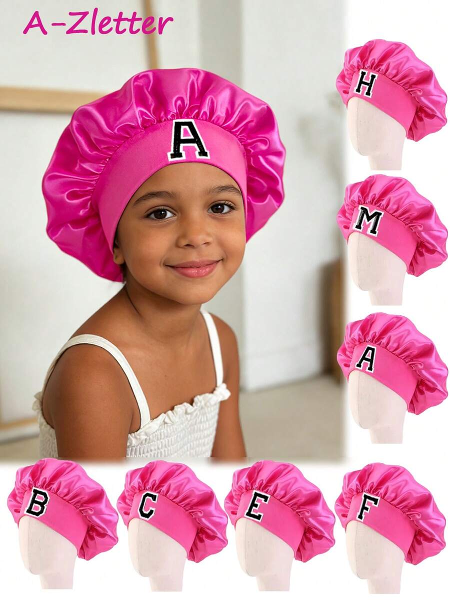 Children's A-Z Letter Pink Elastic Wide Brim Satin Sleeping Cap - Fit, Hair Protection, Ultra Soft & Breathable Design With Anti-Slip Lining - Hot Pink - View 1
