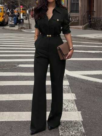 Women's Elegant Commuter Jumpsuit, Solid Color Polyester Fabric, Front Button Pockets With Zipper