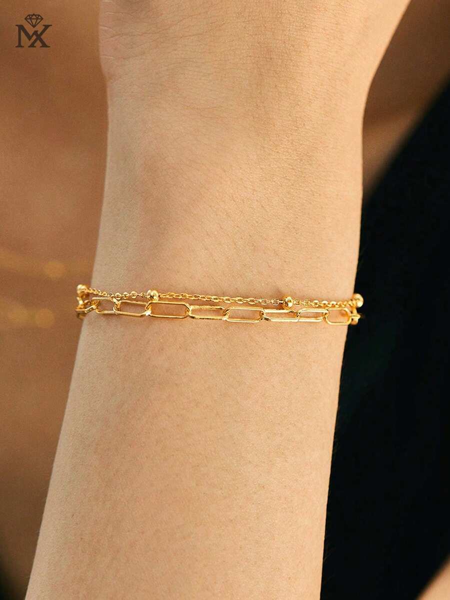 SYMFNY 1条925纯银双层链手链，简约时尚日常配饰，优雅节日礼物（女士款）。 - 金黃色 - 查看 1