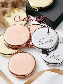 Personalized Engraved Compact Mirror - Metal Double-Sided Portable Pocket Mirror, Customized Travel Makeup Mirror For Bridesmaids, Custom Initial Text Rose Engraving, Folding Mirror - Multicolor - View 8