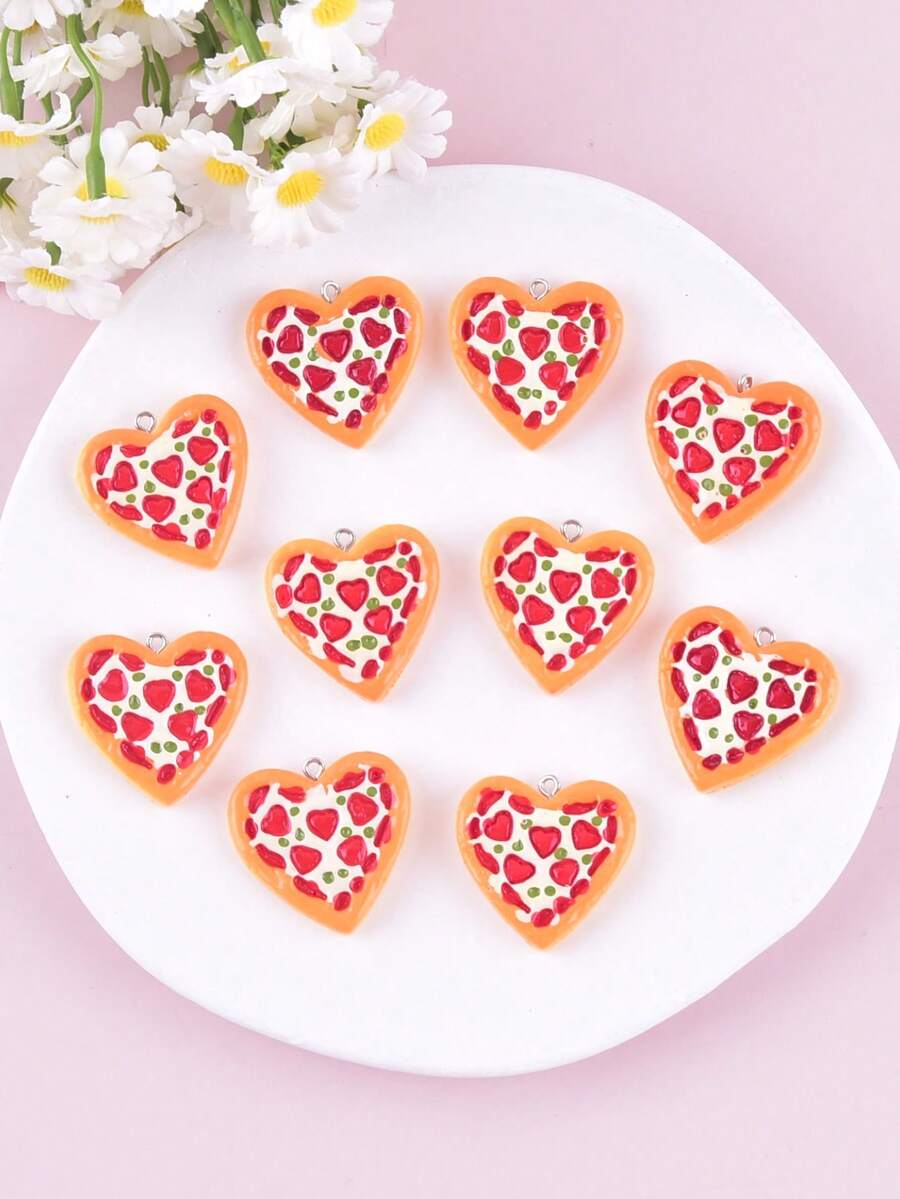 10个心形披萨树脂首饰吊坠，女士耳环配饰，节日礼物，DIY吊坠 - 橘色 - 查看 1