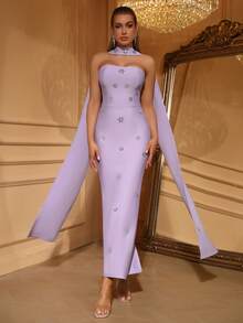 Love Aing 女士薰衣草色正式礼服，优雅奢华，红毯风尚，街头风尚，配有可拆卸披肩，适合晚宴、新年、婚礼宾客、派对等场合，缀满闪亮水钻，尽显春日气息。 - 淡紫色 - 查看 2