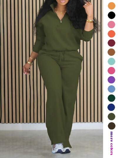 Conjunto de 2 piezas de unicolor para mujer, sudadera con capucha de manga larga y media cremallera casual, y pantalones rectos con abertura y cordón para primavera