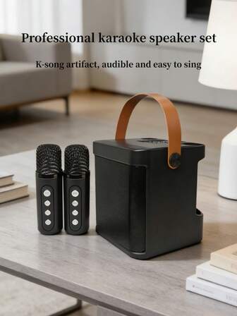 1pc ABS Material Speaker With 2 Microphones, Suitable For Home TV, KTV, Outdoor Portable Karaoke, Wireless Bluetooth Speaker Set, 4 Inch 10W Speaker, Microphone And Audio Integrated, 1 Set Home Karaoke Kit, 1 Bluetooth Karaoke Speaker With 2 Wireless Microphones, 1500mAh Rechargeable Lithium Battery, Portable Handle Bluetooth Speaker