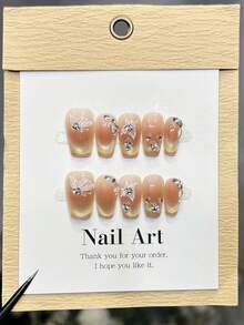 10 unhas postiças artesanais em formato oval/caixão, tamanho médio/curto, rosa suave, dourado brilhante com efeito olho de gato, adesivo de unha com borboleta, pequenas pedras de unha incrustadas, unhas elegantes e luxuosas para o outono, unhas postiças versáteis para fazer você mesma, perfeitas para festas, uso diário, encontros, praia e viagens tropicais. Reutilizáveis e ideais para presentear mulheres e meninas. Suprimentos para unhas. - Rosa - Ver 1