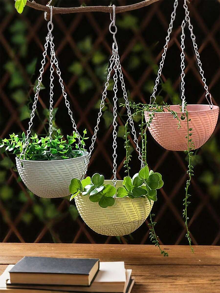3pcs Set Hanging Planter With Chain Set, Imitation Rattan Woven Hanging Flower Pots, Space-Saving Plastic Plant Containers For Indoor Outdoor Garden, Multiple Colors" - Multicolor - View 1