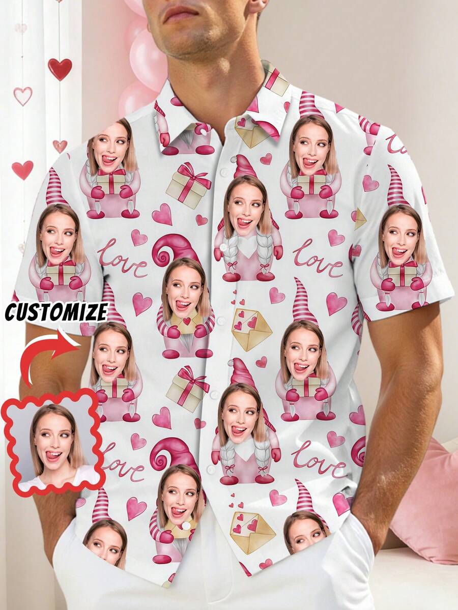 1pc Customizable Men's Valentine's Day Shirt, Upload Personal Photos And Valentine's Day Prints, Button-Down Casual Shirt With Funny Face Design, Holiday Casual Style, Suitable For Daily Wear, Vacation, Holiday Celebration, Custom Men's Casual Loungewear, Perfect Gift For Friends And Family - Multicolor - View 1