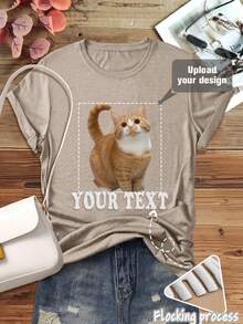 定制女士T恤，女士短袖T恤，女士T恤，输入您的文字、标语、祝福语，上传您自己的照片（爱人照片/男友照片/女友照片、宠物照片、合照）来设计您的个性化印花短袖T恤，趣味十足，惊喜礼物，休闲女士外套 - 卡其色 - 查看 3