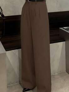Quần ống rộng màu nâu thanh lịch dành cho nữ, được làm từ vải dệt dài với túi và chi tiết khóa kéo. - Cà phê nâu - Xem 3