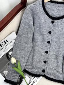 Wixra 2025 Autumn New Design Colorblock Heart Button Knit Cardigan, Versatile Women Sweater Jacket - Light Grey - View 2