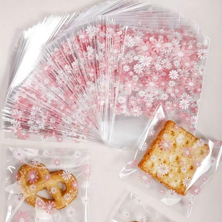 100pcs Pink Flower Cookie/Candy Packaging Bags, Kitchen Supplies, Gift Wrapping - Multicolor - View 1