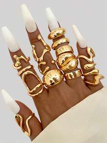 15/14/12/10/4/3pcs Vintage Exaggerated Luxurious Geometric Circle Wide Design Women Metal Gold Bangle And Gold Ring Set, Suitable For Daily Wear And Party/Holiday - Gold - View 7