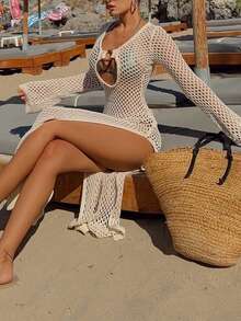 Beige Crochet Beach Cover Up Long Sleeve Hollow Out High Split Maxi Dress - Apricot - View 11
