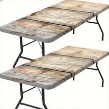 1 件装弹性长方形桌布，复古木纹马赛克设计，耐用涤纶材质，易于清洁，适合户外野餐、露营、晚宴、乡村风格装饰