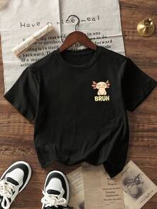 男童休闲印花圆领短袖T恤，夏季上衣 - 黑色 - 查看 5