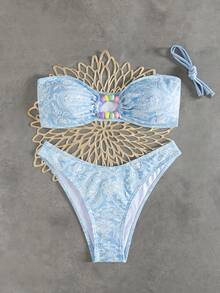 wohenmeili Bộ bikini hai mảnh buộc cổ in họa tiết hạt điều, thích hợp cho kỳ nghỉ biển năm 2026 dành cho nữ. - Nền xanh trắng - Xem 5