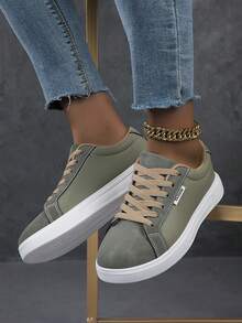 女士休闲运动鞋，时尚街头风白色鞋，轻便滑板鞋 - 軍綠色 - 查看 6