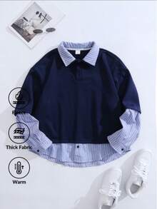 Casual College Style Men's Striped Patchwork Button-Down Collar Long Sleeve Polo Shirt, Suitable For Spring & Autumn - Navy Blue - View 8