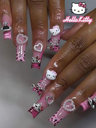  24PCS Long Coffin Fake Nail HelloKitty Red Leopard French Crocodile Pattern Sanrio Silver Star Love Planet Pointed Nail Art Cute Chrome Alloy Acrylic Pressed On Nails Gel Nail Art Nail Supplies Art Nail Set (Attached: A Piece Of Jelly Gel And File) Suitable For Women Daily Dating Party