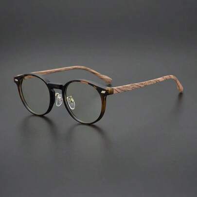 1pc Round Non-Prescription Glasses Glasses, Fashionable Wood Grain Frame, Unisex
