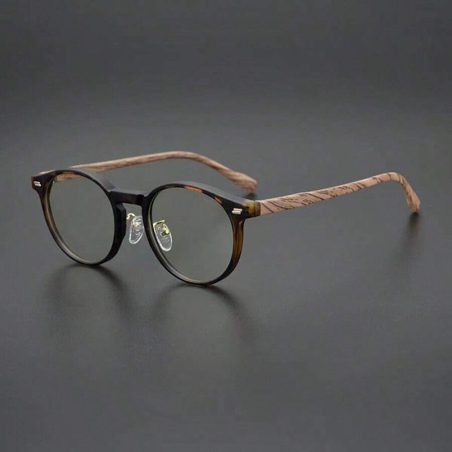 1pc Round Non-Prescription Glasses Glasses, Fashionable Wood Grain Frame, Unisex - Round - View 1