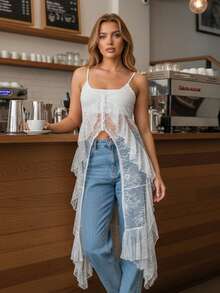 Women's Boho Lace Cami Top Elegant Ruffle Spaghetti Strap Tank Top Flowy Summer Camisole  Beach Vacation Top - 白色 - 查看 4