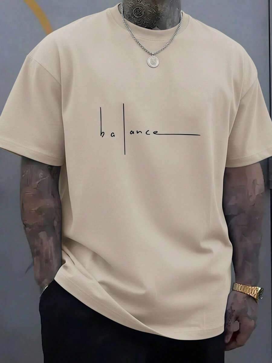 Plus Size Men's Simple Letter Print Round Neck Short Sleeve Casual T-Shirt - Khaki - View 1