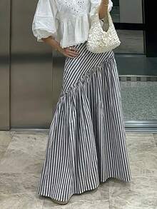 Women's Fashion Casual A-Line Striped Ruffle Hem Versatile Skirt - Black and White - View 1