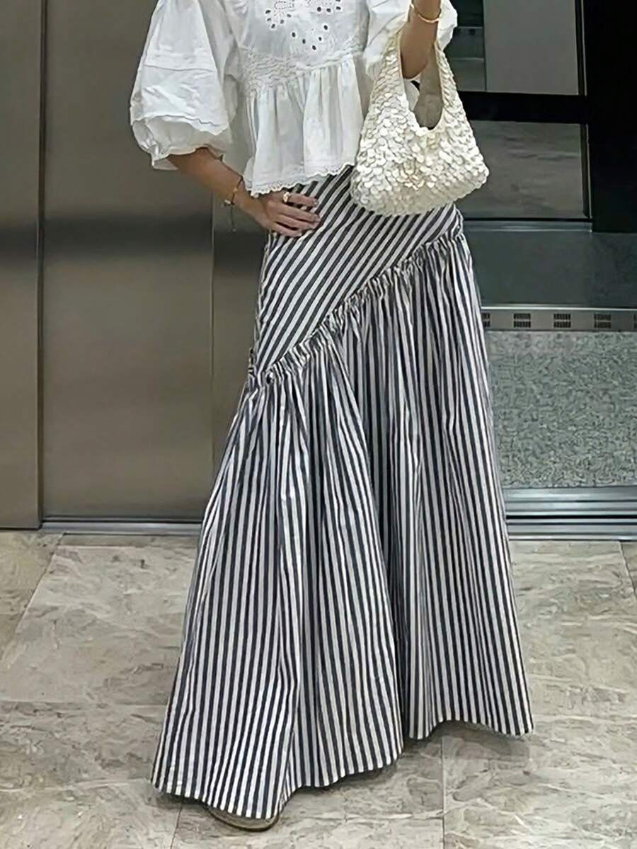 Women's Fashion Casual A-Line Striped Ruffle Hem Versatile Skirt - Black and White - View 1