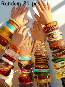 Vintage Elegant Retro French Romantic Antique Coin Style Random 29pcs/24pcs/21pcs/16pcs/11pcs/8pcs/5pcs/1pc Metal Resin Multi-Element Antique Geometric Irregular Colorful Acrylic Ombre Transparent Brown Blue Green Yellow White Leopard Print Thick Resin Bracelet Set With Faux Pearl, 5-Petal Flower, Bow, Round Disc, Wave Knot, Multi-Layer Line Crossed Hollow Wide Bangle - Multicolor - View 19