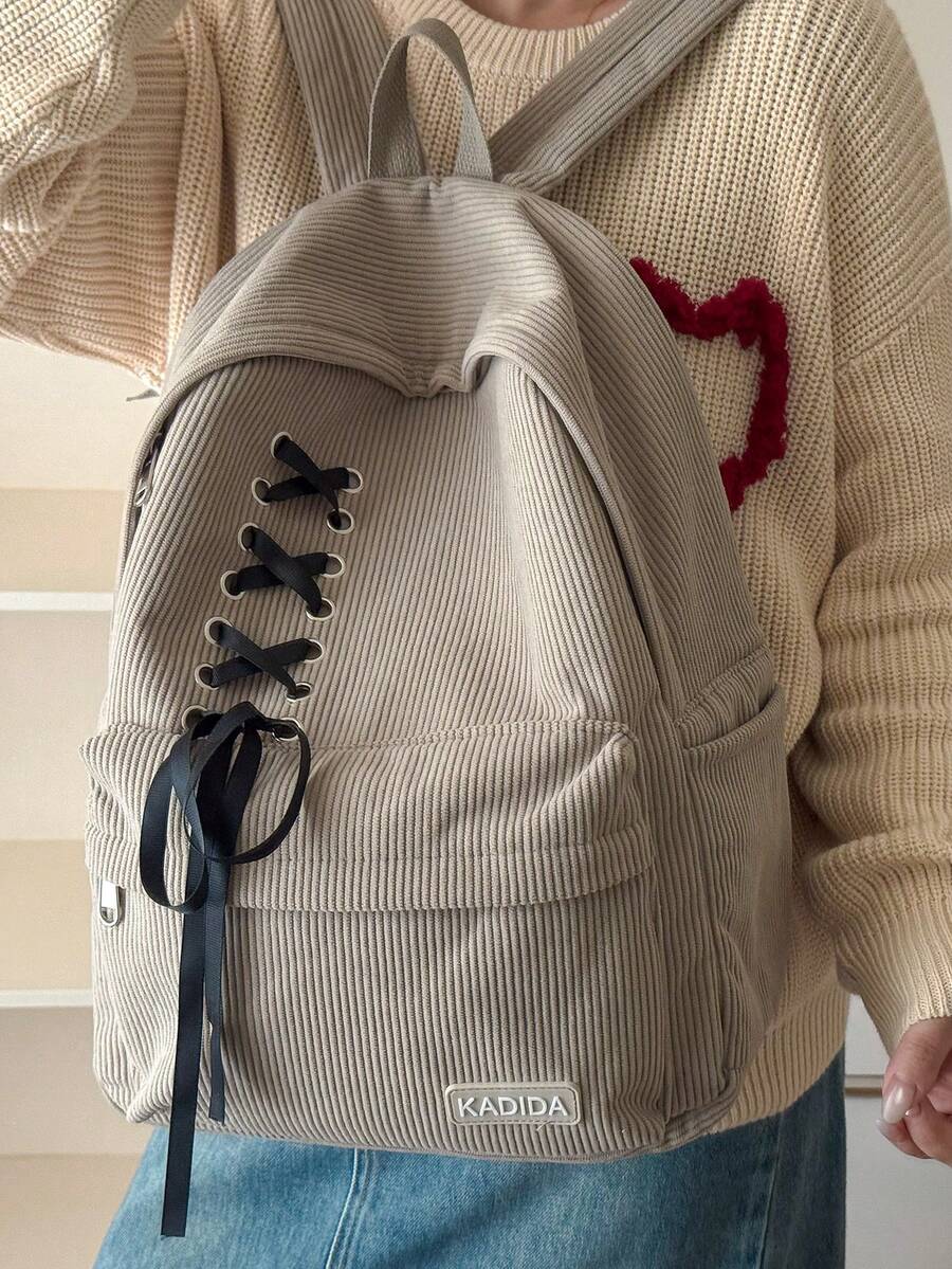 Mochila minimalista de gran capacidad con decoración de lazo, bolsa de viaje de pana - Caqui - Ver 1