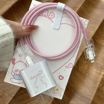 Pink Bow Apple 15 Charger Cable Protective Cover 20w Suitable For IPhone 14 Anti Break 13 Charging Head Protective Case