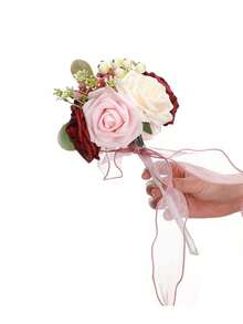 1 Peça Buquê de Noiva Multifloral de Renda, Buquê de Lótus e Rosas de Cores Contrastantes, Buquê de Laço de Dama de Honra, Buquê Pequeno para Pedido de Casamento no Dia dos Namorados, Buquê de Noiva para Casamento ao Ar Livre, Acessório Fotográfico de Casamento Romântico, Verão, Praia - Multicolorido - Visão 14