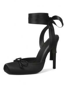 Women's Satin Ballet Stiletto High Heel Pumps Square Toe Elegant Bow Mary Jane Shoes Lace Up Lolita Cosplay Shoes Mary Jane Cute Goth Elegant Wedding Party Shoes For Women - màu đen - Xem 3