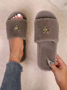 New Women Simple Fashion Heart Decor Plush Open Toe Slippers, Comfortable Fluffy Indoor House Slippers For Bedroom And Living Room, Suitable For Spring/Autumn